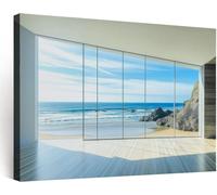 Générique Cadre en bois Impression sur Toile Vue Fenêtre Océan Paysage Marin, Tableau Decoration Murale Peinture Image sur Toile Decoration Murale Pour Salon Salle à Manger Cuisine 120x60 cm