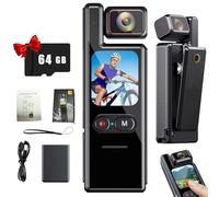 Générique Caméra d'action VLOG 4K Anti-tremblement,IP65 étanche, caméra POV avec Objectif Rotatif Tactile à 180°, Mise au Point Rapide, écran Rotatif de 1,69 Pouce, Carte TF de 64 Go