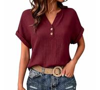 Générique Camicia Donna Estiva Manica Corta Camicie in Lino Cotone Blusa Maglietta Elegante Curvy Camicia Lavoro Casual Con Bottoni Top Camicetta da Spiaggia T Shirt Tinta Unita Classico