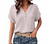 Générique Camicia Donna Estiva Manica Corta Camicie in Lino Cotone Blusa Maglietta Elegante Curvy Camicia Lavoro Casual Con Bottoni Top Camicetta da Spiaggia T Shirt Tinta Unita Classico