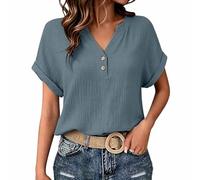 Générique Camicia Donna Estiva Manica Corta Camicie in Lino Cotone Blusa Maglietta Elegante Curvy Camicia Lavoro Casual Con Bottoni Top Camicetta da Spiaggia T Shirt Tinta Unita Classico