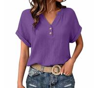 Générique Camicia Donna Estiva Manica Corta Camicie in Lino Cotone Blusa Maglietta Elegante Curvy Camicia Lavoro Casual Con Bottoni Top Camicetta da Spiaggia T Shirt Tinta Unita Classico
