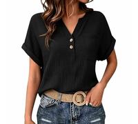 Générique Camicia Donna Estiva Manica Corta Camicie in Lino Cotone Blusa Maglietta Elegante Curvy Camicia Lavoro Casual Con Bottoni Top Camicetta da Spiaggia T Shirt Tinta Unita Classico