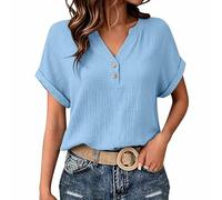 Générique Camicia Donna Estiva Manica Corta Camicie in Lino Cotone Blusa Maglietta Elegante Curvy Camicia Lavoro Casual Con Bottoni Top Camicetta da Spiaggia T Shirt Tinta Unita Classico