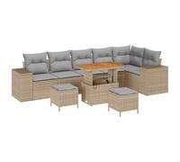 Générique Canapé Jardin 9 Pcs Beige Gris Clair Poly Rattan | Cadre acier peint, Plateau bois acacia, Rangement caché, Coussins polyester, Modulable extérieur