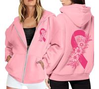Générique Cancer du Sein Octobre Rose Sweat à Capuche Femme Zippé Manches Longues Décontracté Chaud Sweatshirt Coton avec Poches Hoodies Zippé Veste de Sport Blousons Casual Printemps Automne