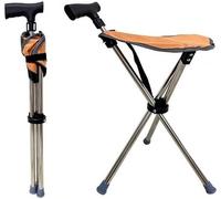 Générique Canne de Marche Pliante avec siège Portable, Hauteur réglable, Tabouret léger 2 en 1 en Aluminium, Stable et Confortable pour randonnée, Voyage et Usage extérieur Orange,S