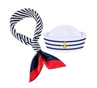 Générique Captain Hat - 56cm Metal Cotton Polyester | Sailor Hat | Blue Striped Sailor Costume Scarf | Nautical Marine Captain Outfit | Role Play Party Fancy Dress Halloween Yacht Party Accessory