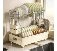 Générique Carbon Steel Double-Layer Dish Drying Rack Multi-Functional Dish Drainer with Cutting Board Holder Suitable for Kitchen Utensil Storage,Double-Layered
