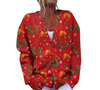 Générique Cardigan De Noel Femme Manche Longue, Vetement Noel Femme Bouton Impression Col Rond, Cardigans Doux Mode Pulls Tricot Exquisite Classique Rouge 4XL