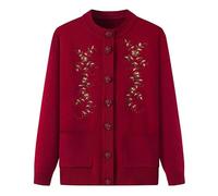 Générique Cardigan Tricoté pour Personnes D'Âge Moyen Et Âgées, Cardigan Brodé à Col Ras du Cou avec Poche, Vêtement pour Mère, Pull Chaud, Manteau, Veste, Printemps, Automne, Vin Rouge M