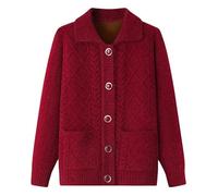 Générique Cardigans pour Femmes D'Âge Moyen Et Âgées Cardigan Tricoté Pulls Bouton Revers Cardigan Bordeaux Femmes Rayures Torsadées en Diamant Vêtements De Grand-Mère Vêtements pour Mères Vin Rouge