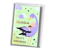 Générique Carte de Félicitations Naissance avec Cigogne et Bébé, Design Coloré, Thème Grande Nouvelle