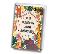 Générique Carte de Vœux Joyeux Anniversaire avec Enveloppe, Thème Animaux Tropicaux et Jungle, Design Coloré avec Guirlande de Fanions