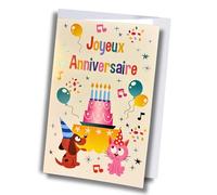 Générique Carte Joyeux Anniversaire, Design Coloré avec Gâteau et Animaux, Thème Fête avec Ballons et Confettis