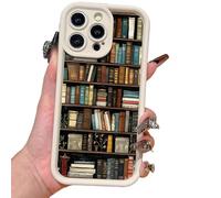 Générique Cartoon Bookshelf Pattern TPU Phone Case, Vintage Bookcase Design, Shockproof, Non-Slip Silicone Protective Cover, for iPhone 16/15/14/13/12/11 Pro Max (12,White)