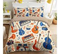 Générique Cartoon Fun Microfiber Duvet Cover Set Lively Dynamic Cheerful Music Notes Instruments Print Bedding Set with 2 Pillowcases, Reversible Design Queen Size 102" x 87" for Kids and Adults
