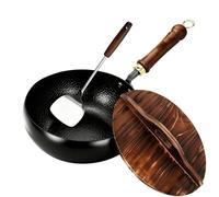 Générique Cast Iron Skillet, Uncoated Japanese Pure Iron Skillet With Wooden Lid, 9.5/11in Non-stick & Hand-Forged Large Belly Pot Works for Various Kitchen Cooking Styles (11in/28cm)