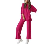 Générique Casual 2-Piece Loose-Fit Short Sleeve Top Wide-Leg Pants Set with Pockets Women's Side Slit Outfits Tracksuit (rose,M)