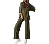 Générique Casual 2-Piece Loose-Fit Short Sleeve Top Wide-Leg Pants Set with Pockets Women's Side Slit Outfits Tracksuit (army green,M)