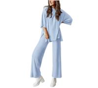 Générique Casual 2-Piece Loose-Fit Short Sleeve Top Wide-Leg Pants Set with Pockets Women's Side Slit Outfits Tracksuit (light blue,XXL)
