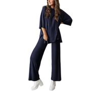 Générique Casual 2-Piece Loose-Fit Short Sleeve Top Wide-Leg Pants Set with Pockets Women's Side Slit Outfits Tracksuit (navy,S)