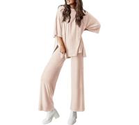 Générique Casual 2-Piece Loose-Fit Short Sleeve Top Wide-Leg Pants Set with Pockets Women's Side Slit Outfits Tracksuit (Beige,M)