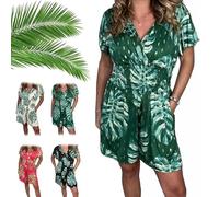 Générique Casual Floral Polka Dot Pocket Rompers, V-Neck Print Short Sleeves Elastic Waist Wide Leg Shorts Jumpsuits (Green,M)