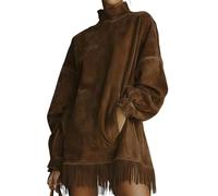 Générique Casual Turtleneck Pocket Dress with Tassel Hem, Soft Fabric, Slim Versatile, for Daily Wear, Date Casual Weekend Outing (Brown,TP)