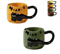 Générique Cat Cat Stacked Cup, Cute Stackable Coffee Mugs, 4 Styles Ceramic Coffee Mugs, Novel Creative Cartoon Designs Mug for Catlovers Women (Orange+Green)