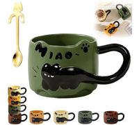 Générique Cat Cat Stacked Cup, Cute Stackable Coffee Mugs, with Funny Cartoon Cats Designs, 4 Styles Cute Ceramic Feline Coffee Mugs with Spoon, Gifts for Catlovers Women (Green)