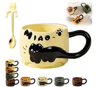 Générique Cat Cat Stacked Cup, Cute Stackable Coffee Mugs, with Funny Cartoon Cats Designs, 4 Styles Cute Ceramic Feline Coffee Mugs with Spoon, Gifts for Catlovers Women (Yellow)