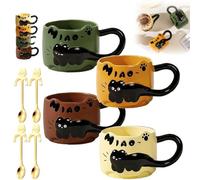 Générique Cat Cat Stacked Cup, Cute Stackable Coffee Mugs, with Funny Cartoon Cats Designs, 4 Styles Cute Ceramic Feline Coffee Mugs with Spoon, Gifts for Catlovers Women (MIX)