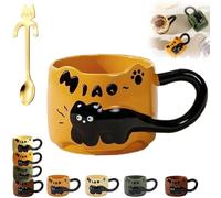 Générique Cat Cat Stacked Cup, Cute Stackable Coffee Mugs, with Funny Cartoon Cats Designs, 4 Styles Cute Ceramic Feline Coffee Mugs with Spoon, Gifts for Catlovers Women (Orange)