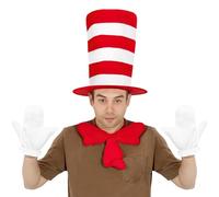 Générique Cat Top Hat Costume Adulte - Rouge White Striped Hat Spat, Cosplay Bowtie and Gloves Set | Accessoires Halloween Dress Up pour femmes hommes hommes, accessoires de fête amusants pour les