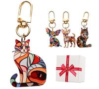 Générique Cats Dogs Stained Art Keychains, Colorful Geometric Spliced Animal Keychain, Pet Acrylic Pendant with Gold Clasp for Keys