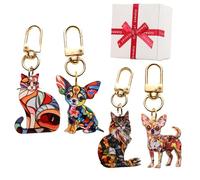 Générique Cats Dogs Stained Art Keychains, Colorful Geometric Spliced Animal Keychain, Pet Acrylic Pendant with Gold Clasp for Keys