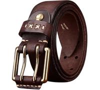 Générique Ceinture Unisexe Aspect Vieilli Décorations Cousues Main Sangle en Cuir De Vachette Boucle à Rouleau en Cuir Ardillon à Double(125cm/49, Coffee)