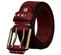 Générique Ceinture Unisexe Aspect Vieilli Décorations Cousues Main Sangle en Cuir De Vachette Boucle à Rouleau en Cuir Ardillon à Double(110cm/43, Reddish Brown)