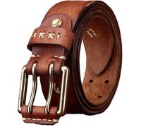 Générique Ceinture Unisexe Aspect Vieilli Décorations Cousues Main Sangle en Cuir De Vachette Boucle à Rouleau en Cuir Ardillon à Double(105cm/41, Brown)