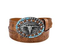 Générique Ceinture western homme tête taureau boucle rétro large accessoire mode cuir robuste ceinturon cowboy (Khaki, 110)