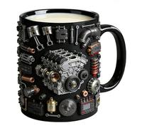 Générique Ceramic Mug - Realistic Mechanical Engine Coffee Cup | 3D Piston & Gear Design With Anti-Slip Handle, Novelty Motor Gift For Car Lovers, Husband & Men, 15oz, Silver & Black