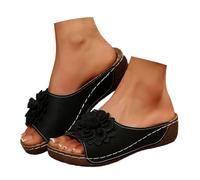 Générique Ces élégantes Chaussures compensées à Bout Ouvert pour Femmes, avec Dessus en Cuir et Chaussons Fleuris, sont des Chaussures Confortables et Pleines de tempérament.