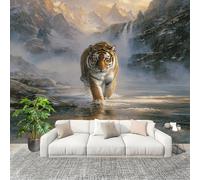 Générique Chambre salon Papier Peint Photo 350x256 cm Tigre De Valley Stream Personnalisé 3D HD Panoramique Papier Peint Gris-Vert Résistant Aux UV Inodore Lmperméable Fresque Murale
