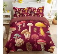Générique Champignon Dessin Animé Housse de Couette Fantaisie Plante Forêt Champignon Parure de Lit Literie Set Enfants Adultes 240 x 220 cm avec Taie d'oreiller Doux Décoration de Chambre, Rouge