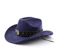 Générique Chapeau Cowboy Denim et Cuir pour Femme Homme Style Occidental Rétro avec Boucle de Ceinture Large Bord pour Ranch, Fêtes et Tenue Western (Marine)