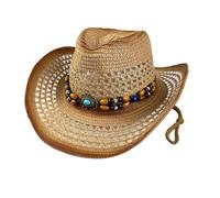 Générique Chapeau Cowboy Homme Femme Chapeau Paille Large Bord Chapeau Perles Vintage Couvre Chef Country(Khaki2, M)