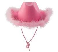 Générique Chapeau Cowboy pour Femme avec Plume Duveteux Couleur Unie Bordure en Fourrure à Large Bord Couvre-Chef Rose Hats Western De Cowboy pour Célibataire Costume Party Jouer Habiller