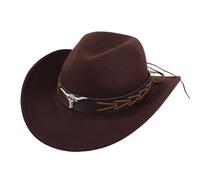 Générique Chapeau Cowboy Unisexe Adulte en Feutre Synthétique à Forme Structurée Volumineuse avec Bandeau Cuir Noir et Ornement Métal Tête de Bœuf - pour Événement Western, Camping et Style Vintage