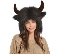Générique Chapeau de bison - Chapeau à oreillettes en peluche avec cornes | Couvre-chef de cosplay animal moelleux pour Halloween, festivals, aventures en plein air, cadeaux pour hommes et femmes